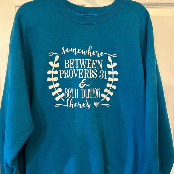Gildan Tops - Teal Blue Christian-Themed Humorous Pullover Sweatshirt XL